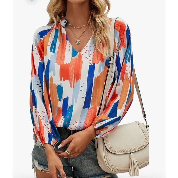 NEW~ Long Sleeve V Neck Loose Chiffon Abstract Blouse S - Picture 1 of 6